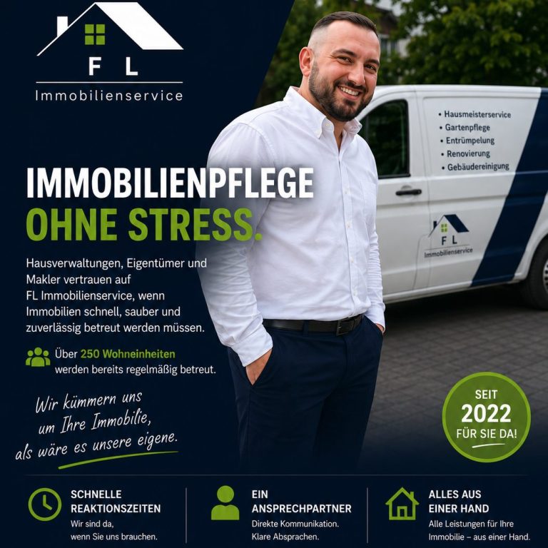 Objektpflege bei FL Immobilienservice Mann in Arbeitskleidung steht lächelnd vor einem Auto mit dem Logo der Immobilienfirma.